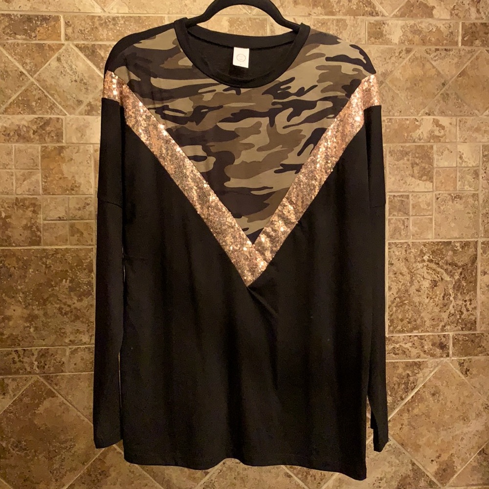 New Black Long Sleeve Top with Camo & Sequin